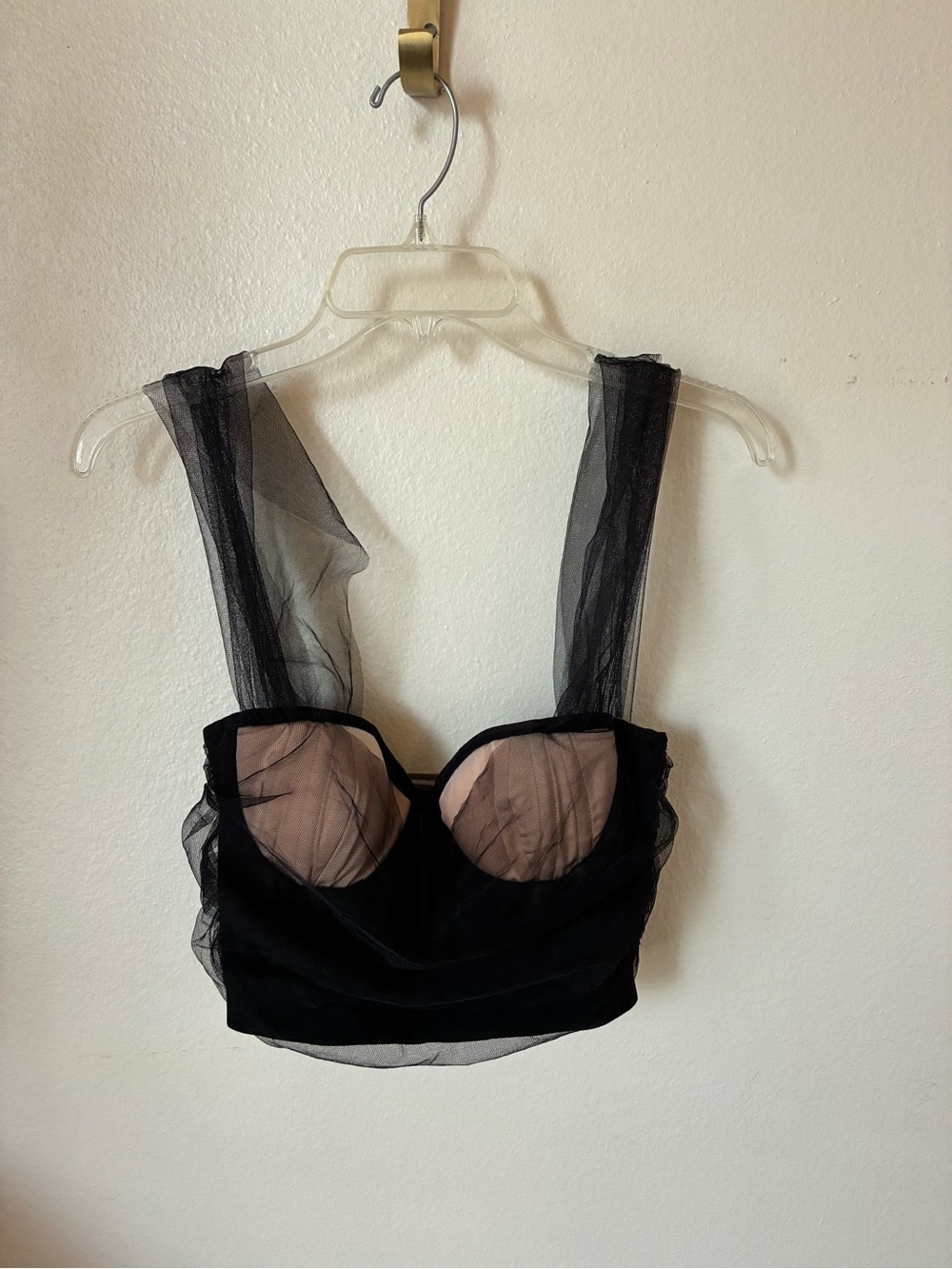 Michael Costello REVOLVE Tulle Strap Corset Bustier Crop Top Black Tan Nude SZ S